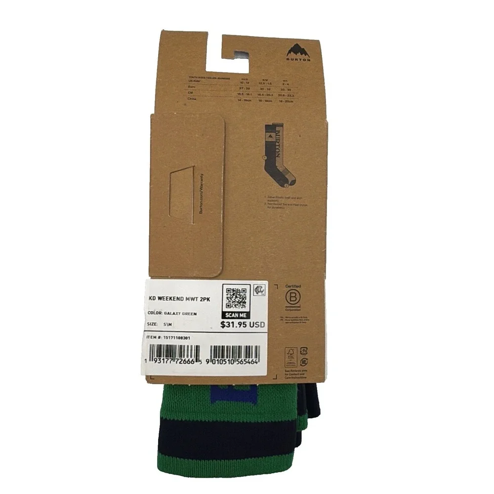 2 Pair Burton Weekend Midweight  Kids Small/Medium (12.5-1.5) Galaxy Green Socks